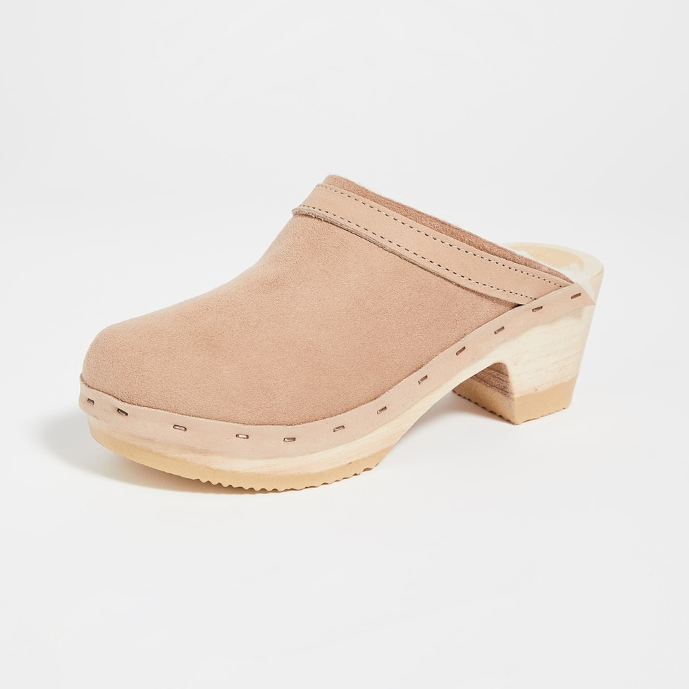 No. 6 Dakota Shearling Clog on Mid Heel in Fawn Suede and Bone